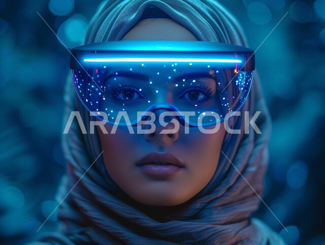 التطور الرقمي والتكنولوجي في المملكة العربية السعودية، صورة مقربة لامرأة عربية خليجية سعودية محجبة ترتدي النظارة الذكية الشفافة وتنظر إلى مكان ما بإيماءات الاندماج، استخدام نظارات الواقع المعزز المستقبلية، أضواء براقة مضيئة باللون الأزرق
