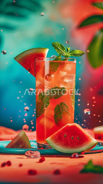 الاستمتاع بالمشروبات الباردة الصحية الشهية، الفواكه الموسمية الصيفية الطازجة في السعودية، صورة مقربة لكأس من عصير البطيخ الأحمر مع أوراق النعنع، المنتجات المحلية والمحاصيل الزراعية في المملكة، عصائر طبيعية لذيذة ومفيدة