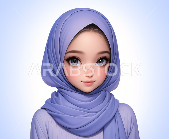 الأناقة والاهتمام بالمظهر الخارجي، رسم توضيحي ثلاثي الابعاد لفتاة عربية خليجية سعودية محجبة تنظر إلى الكاميرا بإيماءات السرور والبشاشة، مفهوم الحياء والستر والالتزام بالحجاب، الأنوثة والنعومة واللطف، خلفية زرقاء
