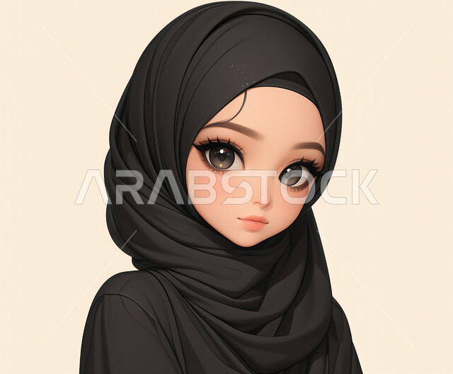 الأناقة والاهتمام بالمظهر الخارجي، رسم توضيحي ثلاثي الابعاد لفتاة عربية خليجية سعودية محجبة تنظر إلى الكاميرا بإيماءات السرور والبشاشة، مفهوم الحياء والستر والالتزام بالحجاب، الأنوثة والنعومة واللطف، خلفية بيج