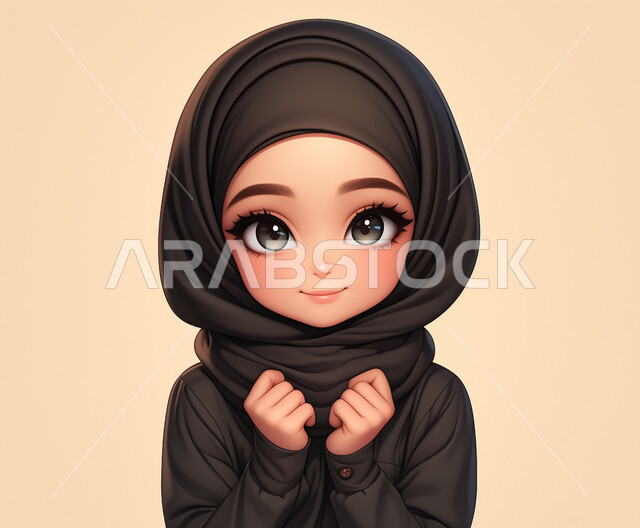 الأناقة والاهتمام بالمظهر الخارجي، رسم توضيحي ثلاثي الابعاد لفتاة عربية خليجية سعودية محجبة تنظر إلى الكاميرا بإيماءات السرور والبشاشة، مفهوم الحياء والستر والالتزام بالحجاب، الأنوثة والنعومة واللطف، خلفية بيج