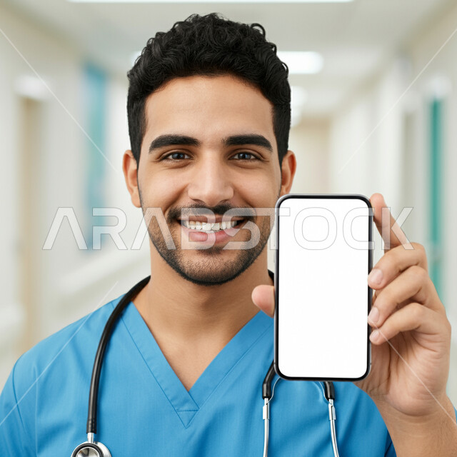 عرض شاشة بيضاء فارغة عبر الجوال، وصف الحالة المرضية وتقديم الاستشارات الطبية، متابعة السجل الطبي الالكتروني الخاص بالمريض، صورة مقربة لطبيب عربي خليجي سعودي يرتدي اليونيفورم والسماعة الطبية يحمل بيده الهاتف المحمول