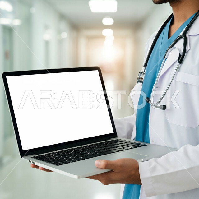 عرض شاشة بيضاء فارغة عبر اللابتوب، وصف الحالة المرضية وتقديم الاستشارات الطبية، متابعة السجل الطبي الالكتروني الخاص بالمريض، صورة مقربة لطبيب عربي خليجي سعودي يرتدي المعطف الطبي والسماعات يحمل الحاسوب المحمول