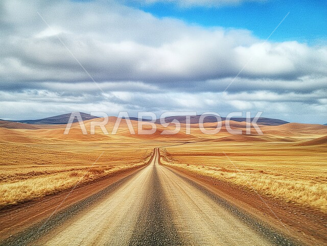 تهيئة طرقات السفر السريعة، طريق واسع وسط الرمال الذهبية الناعمة، التلال والكثبان الرملية في المناطق الصحراوية، تسهيل التنقلات بين المناطق البرية والمدن, ضواحي وصحاري المملكة العربية السعودية، منظر السماء المليئة بالغيوم البيضاء