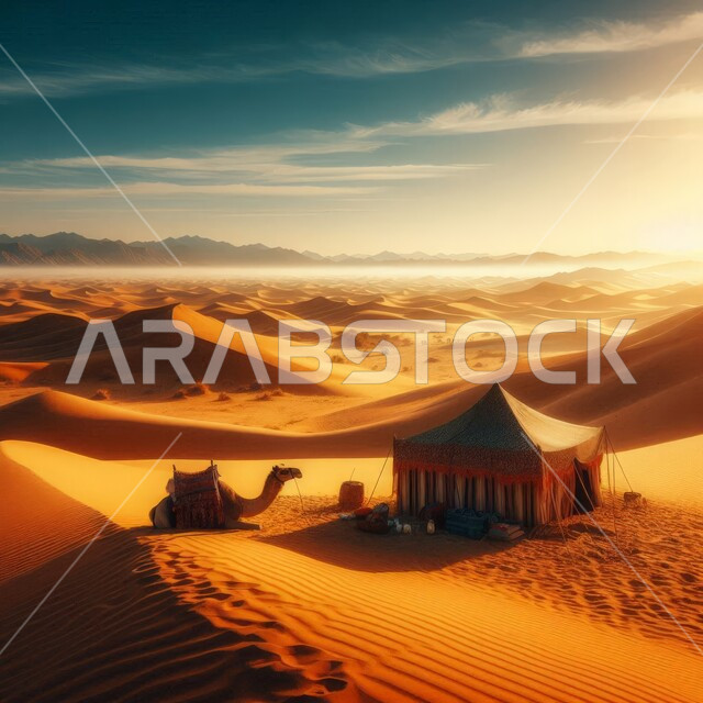 الطبيعة والرمال الذهبية الناعمة، أجواء التخييم الشبابية الممتعة، منظر السماء المليئة بالغيوم البيضاء، جمل عربي اصيل بجانب خيمة شعبية في المناطق الصحراوية، مخيمات سياحية في صحاري المملكة العربية السعودية، المغامرات والكشتات البرية وقت غروب الشمس