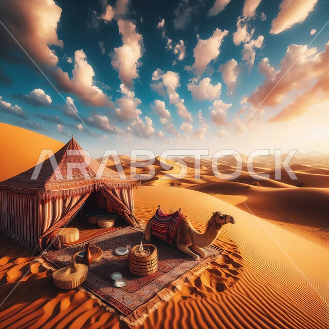 المغامرات والكشتات البرية وقت غروب الشمس، الطبيعة والرمال الذهبية الناعمة، أجواء التخييم الشبابية الممتعة، منظر السماء المليئة بالغيوم البيضاء، جمل عربي اصيل بجانب خيمة شعبية في المناطق الصحراوية، مخيمات سياحية في صحاري المملكة العربية السعودية