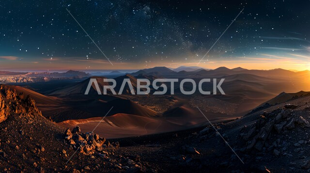 التضاريس و المرتفعات والقمم في البراري، التكوينات والتشكلات الرملية في صحراء المملكة العربية السعودية، مناطق البادية والبيئة الصحراوية في المساء، الكثبان والتلال من الرمال الناعمة الذهبية