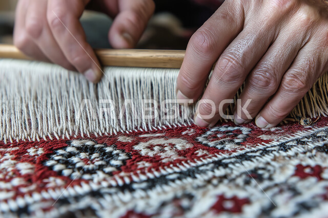 ورشة عمل لصناعة السجاد في المملكة، منتجات محليه وطنيه، الفن التراثي الحرفي التقليدي، مهن وحرف شعبية نسائية، صورة مقربة لايدي امرأة عربية خليجية سعودية تقوم بحياكة وغزل سجادة في المصانع، نقوشات وزخرفات من التراث السعودي