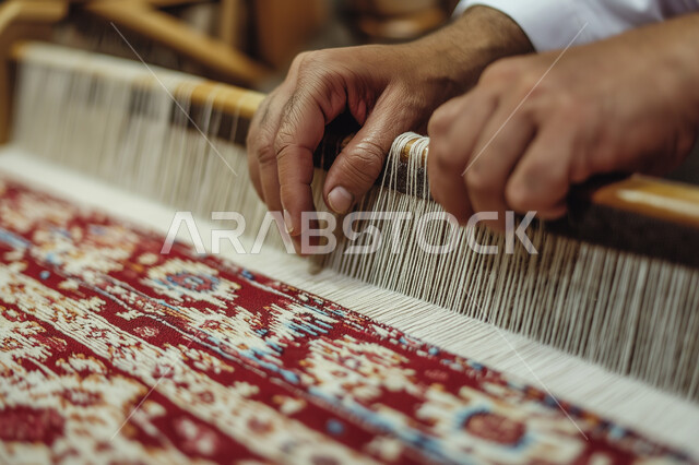 الفن التراثي الحرفي التقليدي، منتجات محليه وطنيه، ورشة عمل لصناعة السجاد في المملكة، مهن وحرف شعبية نسائية، صورة مقربة لايدي امرأة عربية خليجية سعودية تقوم بحياكة وغزل سجادة في المصانع، نقوشات وزخرفات من التراث السعودي