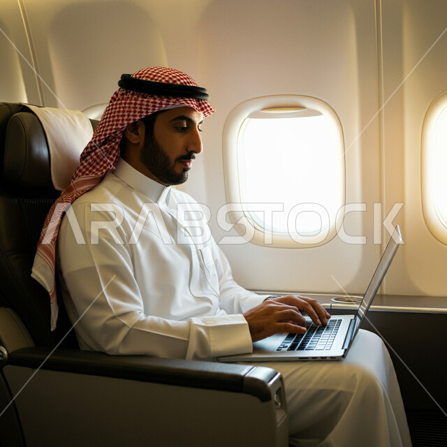 متابعة اهداف ومهام العمل، دمج التكنولوجيا لمتابعة وتطوير الأعمال، وسائل النقل والمواصلات الجوية، شركات وخطوط الطيران السعودية، صورة مقربة لرجل عربي خليجي سعودي يرتدي الثوب التقليدي والشماغ يجلس في مقعد بداخل الطائرة يعمل على جهاز الحاسوب المحمول