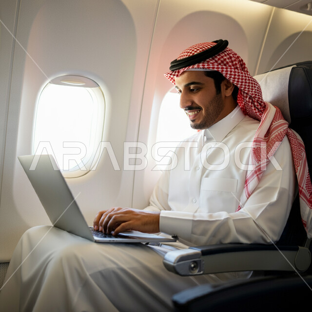 دمج التكنولوجيا لمتابعة وتطوير الأعمال، وسائل النقل والمواصلات الجوية، شركات وخطوط الطيران السعودية، متابعة اهداف ومهام العمل، صورة مقربة لرجل عربي خليجي سعودي يرتدي الثوب التقليدي والشماغ يجلس في مقعد بداخل الطائرة يعمل على جهاز الحاسوب المحمول