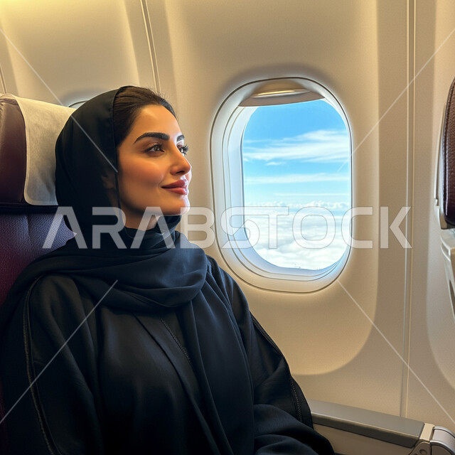 شركات وخطوط الطيران السعودي، توفير الخدمات المتطورة لسهولة التنقل بين البلدان، وسائل النقل والمواصلات الجوية، مفهوم السياحة والسفر، صورة مقربة لشابة عربية خليجية سعودية محجبة تجلس في مقعد بداخل الطائرة