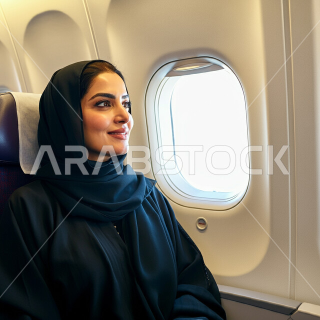 توفير الخدمات المتطورة لسهولة التنقل بين البلدان، شركات وخطوط الطيران السعودي، وسائل النقل والمواصلات الجوية، مفهوم السياحة والسفر، صورة مقربة لشابة عربية خليجية سعودية محجبة تجلس في مقعد بداخل الطائرة