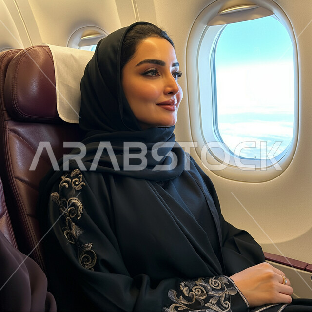 Providing advanced services for easy movement between countries, Saudi Airlines and Companies, Air Transportation and Communications, Concept of Tourism and Travel, Close-up of a veiled Saudi Arabian Gulf young woman sitting in a seat inside the plane