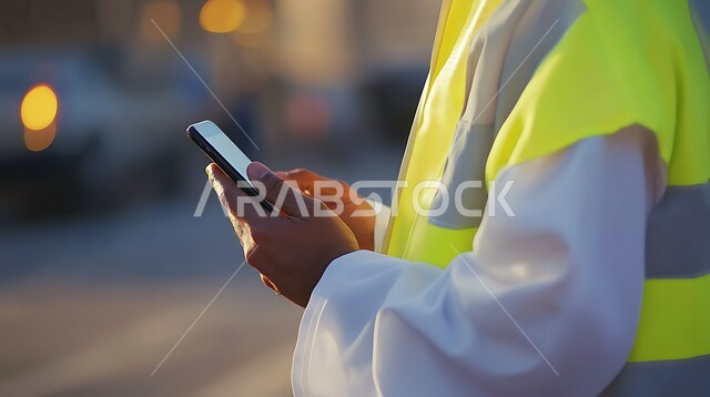 Working in the engineering sector, the concept of project management and auditing, a close-up of a Saudi Arabian Gulf engineer wearing a protective vest working on a mobile phone, tears of work with modern techniques and technology, construction by the hands of the sons of the homeland