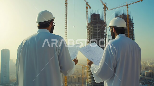 Standing at the work site and following up on the progress of construction projects, taking care to build good foundations for buildings, checking the implementation of architectural engineering plans when constructing the building, a picture from the back of two Saudi Arabian Gulf engineers wearing traditional thobe and protective helmets holding the engineering p