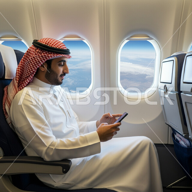 رحلات جوية سياحية، التواصل الاجتماعي وتصفح الانترنت، التحدث والدردشة مع الأهل والأصدقاء عبر الموبايل, صورة من الجانب لرجل عربي خليجي سعودي يرتدي الثوب التقليدي والشماغ يجلس في الطائرة يحمل بيده الهاتف المحمول، خطوط الطيران السعودية