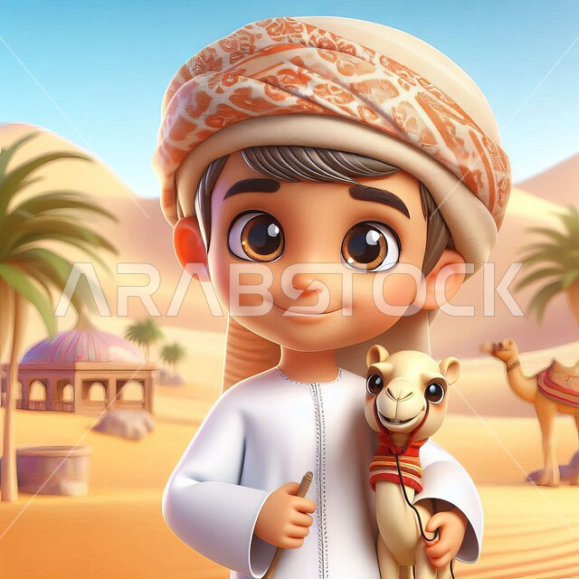 Islamic religious symbols, gestures of happiness and joy, concept of childhood and innocence, looking at the camera with expressions of self-confidence and shyness, soft golden sand, illustration of a Saudi Arabian Gulf boy wearing traditional dress standing on sand dunes holding a small camel, old means of transportation