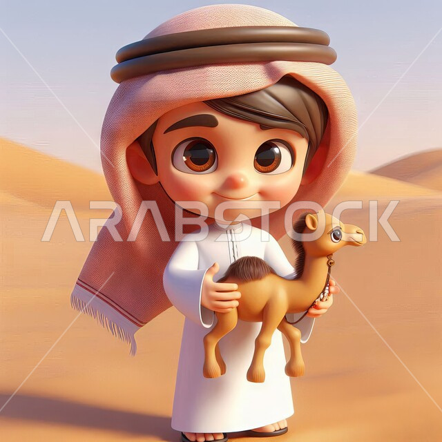 النظر الى الكاميرا بتعابير الثقة بالنفس والخجل، الرمال الذهبية الناعمة، رسم توضيحي لفتى عربي خليجي سعودي يرتدي الثوب التقليدي يقف على الكثبان الرملية ويحمل مجسم جمل صغير، وسائل النقل القديمة، رموز اسلامية دينية، ايماءات السعادة والسرور، مفهوم الطفولة والبراءة