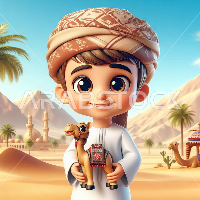 مفهوم الطفولة والبراءة، النظر الى الكاميرا بتعابير الثقة بالنفس والخجل، الرمال الذهبية الناعمة، رسم توضيحي لفتى عربي خليجي سعودي يرتدي الثوب التقليدي يقف على الكثبان الرملية ويحمل مجسم جمل صغير، وسائل النقل القديمة، رموز اسلامية دينية، ايماءات السعادة والسرور