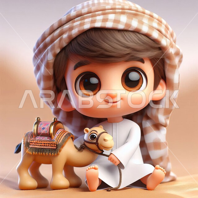 Gestures of happiness and pleasure, concept of childhood and innocence, looking at the camera with expressions of self-confidence and shyness, soft golden sand, illustration of a Saudi Arabian Gulf boy wearing traditional dress standing on sand dunes holding a small camel, ancient means of transportation, Islamic religious symbols