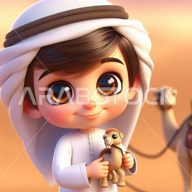 رموز اسلامية دينية, ايماءات السعادة والسرور، مفهوم الطفولة والبراءة، النظر الى الكاميرا بتعابير الثقة بالنفس والخجل، الرمال الذهبية الناعمة، رسم توضيحي لفتى عربي خليجي سعودي يرتدي الثوب التقليدي يقف على الكثبان الرملية ويحمل مجسم جمل صغير، وسائل النقل القديمة