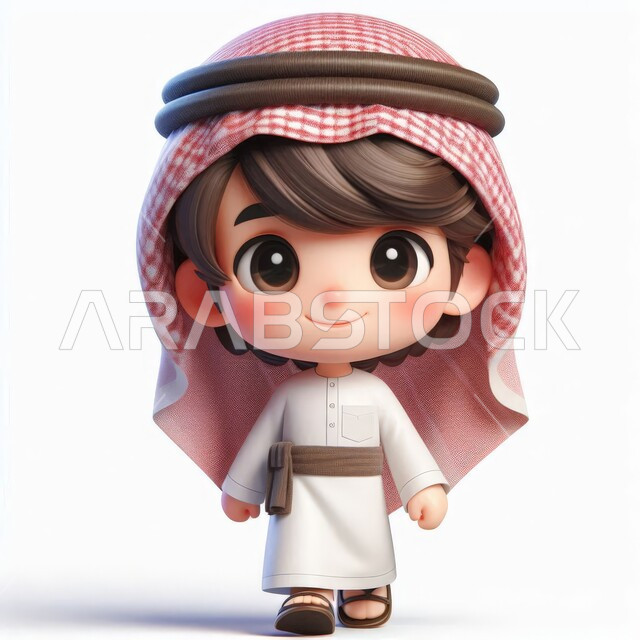 التقاط الصورة الشخصية الرسمية، رموز اسلامية دينية، مفهوم الطفولة والبراءة، الاهتمام بالأناقة والمظهر الخارجي،  النظر الى الكاميرا بتعابير الفرح والسعادة، رسم توضيحي لفتى عربي خليجي سعودي يرتدي الثوب التقليدي والشماغ يقف باستقامة ، خفية بيضاء