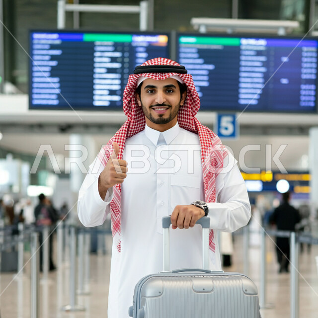 الاستعداد للسفر والرحلات السياحيه، قضاء أوقات ممتعه في العطلة الصيفيه، تعابير الموافقة والاعجاب، رجل عربي خليجي سعودي يرتدي الثوب التقليديوالشماغ يمسك بحقيبة السفر يقف في قاعة انتظار المطار يرفع اصبع الابهام بايماءات القبول والرضى
