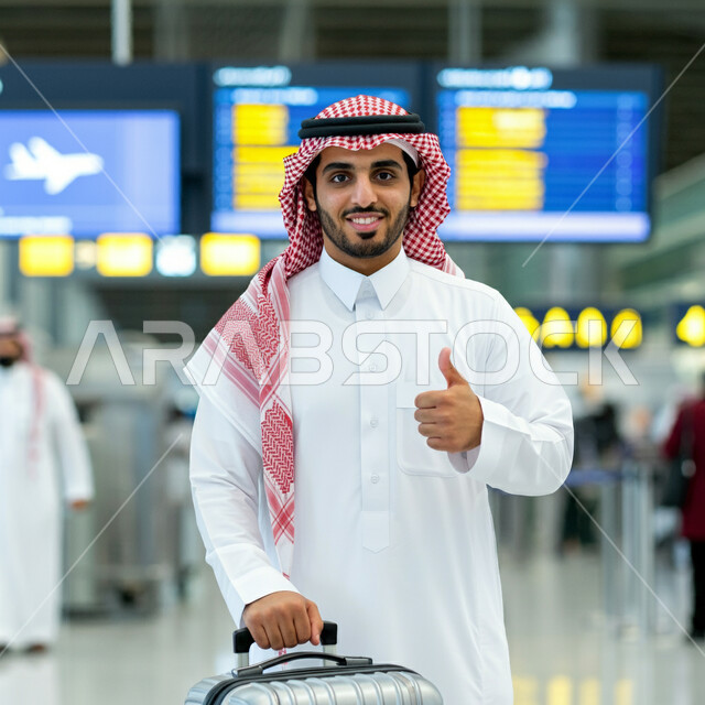 قضاء أوقات ممتعه في العطلة الصيفيه، تعابير الموافقة والاعجاب، الاستعداد للسفر والرحلات السياحيه، رجل عربي خليجي سعودي يرتدي الثوب التقليديوالشماغ يمسك بحقيبة السفر يقف في قاعة انتظار المطار يرفع اصبع الابهام بايماءات القبول والرضى