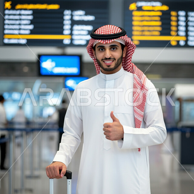 الاستعداد للسفر والرحلات السياحيه، قضاء أوقات ممتعه في العطلة الصيفيه، تعابير الموافقة والاعجاب، رجل عربي خليجي سعودي يرتدي الثوب التقليديوالشماغ يمسك بحقيبة السفر يقف في قاعة انتظار المطار يرفع اصبع الابهام بايماءات القبول والرضى