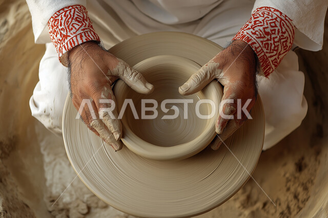 العمل في صناعة الخزفيات، حرف وصناعات يدوية شعبية من التراث السعودي العريق، اواني خزفية مصنوعة من الطين، صنع الجرار الفخارية المزخرفة، صورة علوية عامودية لأيدي رجل عربي خليجي سعودي يقوم بصنع الفخار