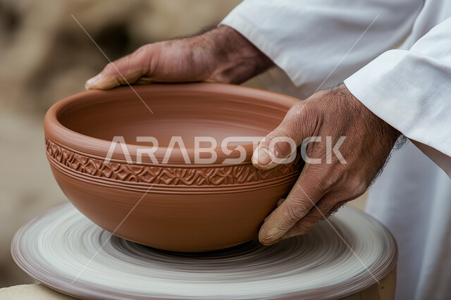 Pottery made of clay, working in the ceramics industry, popular handicrafts and crafts from the ancient Saudi heritage, making decorated pottery jars, a close-up of the hands of a Saudi Gulf Arab man making pottery