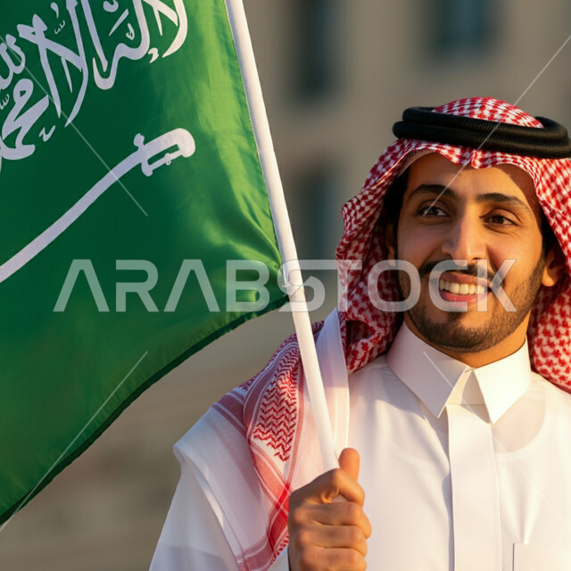 العيد الوطني 23 سبتمبر، تجديد ذكرى توحيد المملكة، الاحتفال باليوم الوطني السعودي، يوم العلم السعودي 11مارس، تنمية روح الانتماء للوطن، صورة مقربة لرجل عربي سعودي خليجي يرتدي الشماغ والثوب التقليدي يحمل بيده علم السعودية