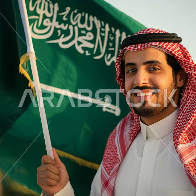 الاحتفال باليوم الوطني السعودي، تجديد ذكرى توحيد المملكة، يوم العلم السعودي 11مارس، تنمية روح الانتماء للوطن، صورة مقربة لرجل عربي سعودي خليجي يرتدي الشماغ والثوب التقليدي يحمل بيده علم السعودية، العيد الوطني 23 سبتمبر