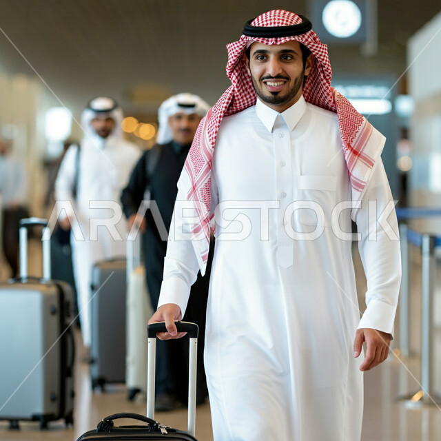 قضاء أوقات ممتعه في العطلة الصيفيه، الاستعداد للسفر والرحلات السياحيه، وسائل النقل والمواصلات الجوية، رجل عربي خليجي سعودي يرتدي الثوب التقليدي والشماغ يمسك بحقيبة السفر يقف في قاعة انتظار المطار