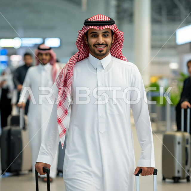 الاستعداد للسفر والرحلات السياحيه، وسائل النقل والمواصلات الجوية، قضاء أوقات ممتعه في العطلة الصيفيه، رجل عربي خليجي سعودي يرتدي الثوب التقليدي والشماغ يمسك بحقيبة السفر يقف في قاعة انتظار المطار