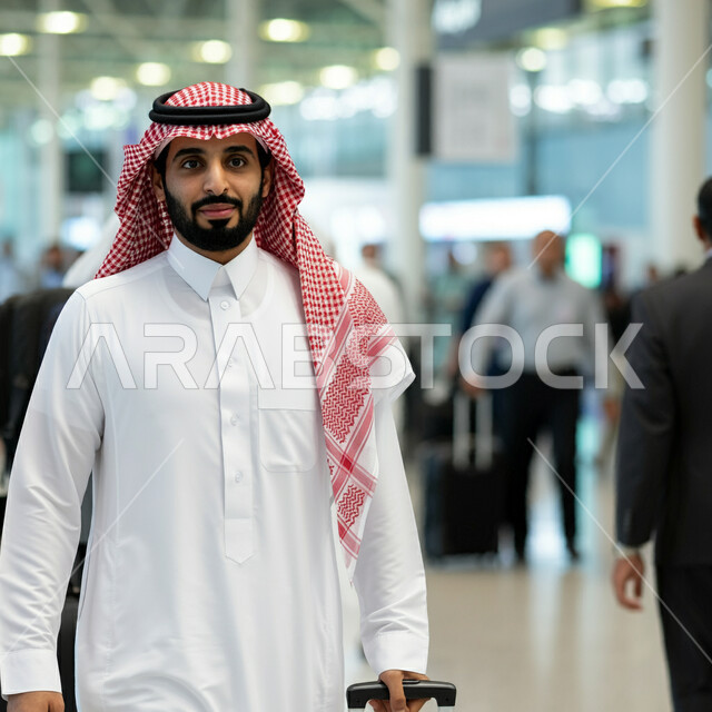 Having a good time during the summer vacation, preparing for travel and tourist trips, means of transportation and air transportation, a Saudi Arabian Gulf man wearing the traditional dress and shemagh holding a suitcase standing in the airport waiting hall