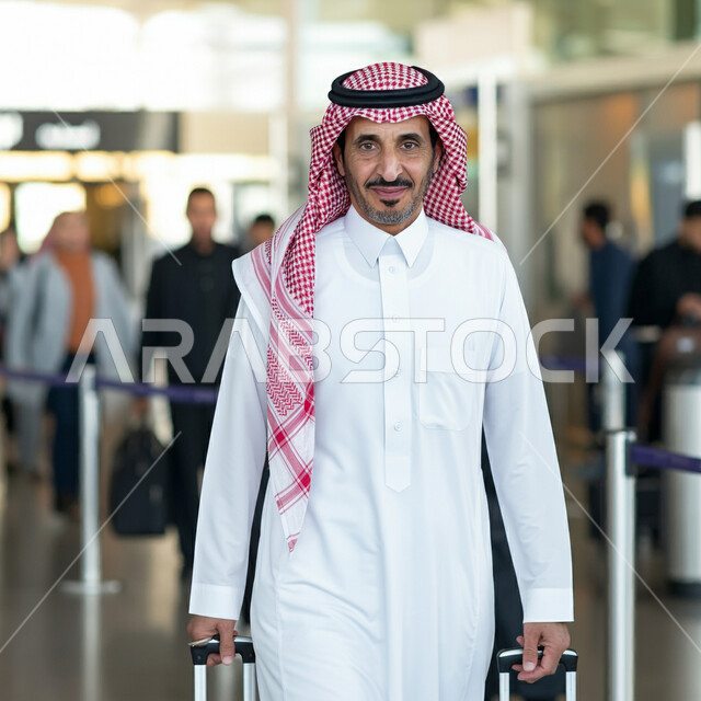 الاستعداد للسفر والرحلات السياحيه، وسائل النقل والمواصلات الجوية، قضاء أوقات ممتعه في العطلة الصيفيه، رجل عربي خليجي سعودي يرتدي الثوب التقليدي والشماغ يمسك بحقيبة السفر يقف في قاعة انتظار المطار