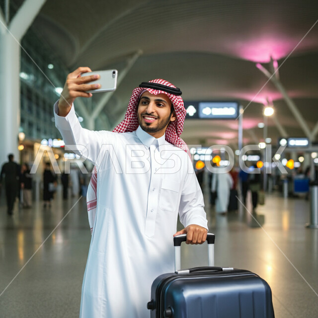 التقاط صور السيلفي التذكارية، قضاء أوقات ممتعه في العطلة الصيفيه، الاستعداد للسفر والرحلات السياحيه، وسائل النقل والمواصلات الجوية، رجل عربي خليجي سعودي يرتدي الثوب التقليدي والشماغ يمسك بحقيبة السفر يحمل بيده الهاتف المحمول، الوقوف في قاعة انتظار المطار