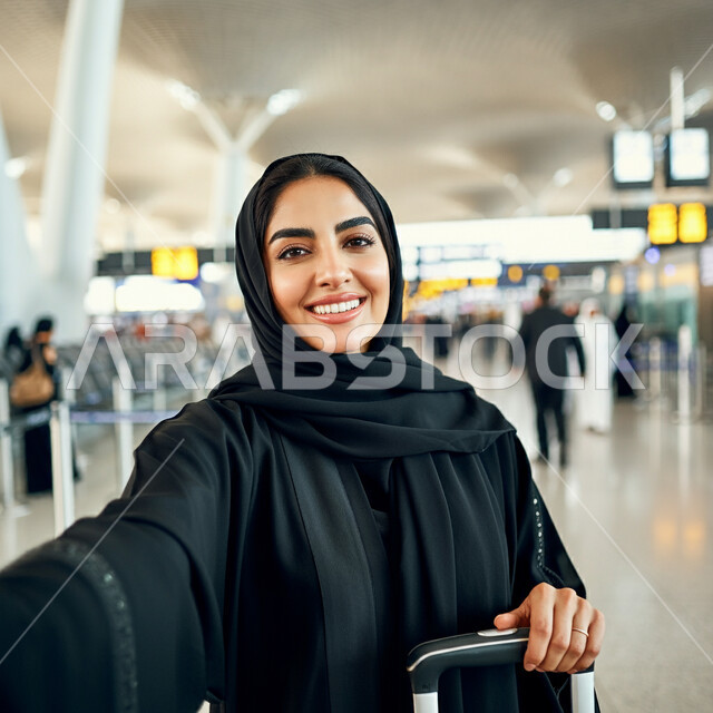 الاستعداد للسفر والرحلات السياحيه، قضاء أوقات ممتعه في العطلة الصيفيه، وسائل النقل والمواصلات الجوية، صورة مقربة لشابة عربية خليجية سعودية محجبة تقف في قاعة انتظار المطار تمسك بحقيبة السفر