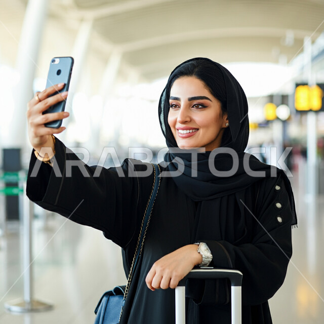 قضاء أوقات ممتعه في العطلة الصيفيه، التقاط صور السيلفي التذكارية، الاستعداد للسفر والرحلات السياحيه، وسائل النقل والمواصلات الجوية، صورة مقربة لشابة عربية خليجية سعودية محجبة تقف في قاعة انتظار المطار تمسك بحقيبة السفر تحمل بيدها الهاتف المحمول