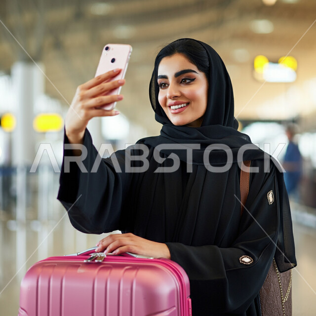 التقاط صور السيلفي التذكارية، قضاء أوقات ممتعه في العطلة الصيفيه، الاستعداد للسفر والرحلات السياحيه، وسائل النقل والمواصلات الجوية، صورة مقربة لشابة عربية خليجية سعودية محجبة تقف في قاعة انتظار المطار تمسك بحقيبة السفر تحمل بيدها الهاتف المحمول