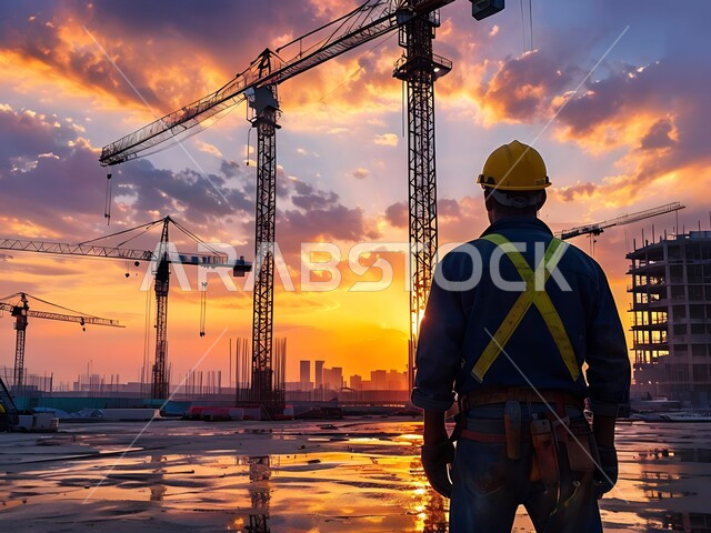 Engineering and construction concept, supervising the implementation of architectural engineering plans and projects in the Kingdom, Saudi Vision 2030, a back view of a Saudi Arabian Gulf engineer wearing a safety vest standing on the engineering project ground at sunset