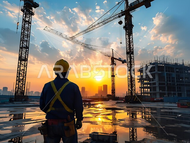 مفهوم الهندسة والانشاءات، الاشراف على تطبيق الخطط والمشاريع الهندسيه المعمارية في المملكة، رؤية مستقبلية سعودية 2030، صورة من الخلف لمهندس عربي خليجي سعودي يرتدي سترة الحماية يقف في أرض المشروع الهندسي في وقت غروب الشمس