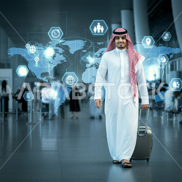 عناصر ورموز هولوجرامية ثلاثية الابعاد للخرائط، رحلات السفر الجويه، الاستعداد للذهاب في رحلة سياحية، صالة الانتظار في المطارات السعودية، رجل عربي خليجي سعودي يرتدي الزي التقليدي والشماغ يمسك بحقيبة الامتعة يسير في المطار بايماءات السرور