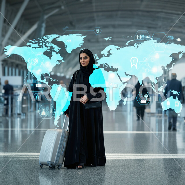 رحلات السفر الجويه، عناصر ورموز هولوجرامية ثلاثية الابعاد للخرائط، الاستعداد للذهاب في رحلة سياحية، صالة الانتظار في المطارات السعودية، امرأة عربية خليجية سعودية تمسك بحقيبة الامتعة تسير في المطار بايماءات السرور