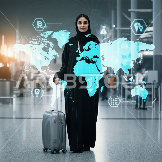 عناصر ورموز هولوجرامية ثلاثية الابعاد للخرائط، رحلات السفر الجويه، الاستعداد للذهاب في رحلة سياحية، صالة الانتظار في المطارات السعودية، امرأة عربية خليجية سعودية تمسك بحقيبة الامتعة تسير في المطار بايماءات السرور