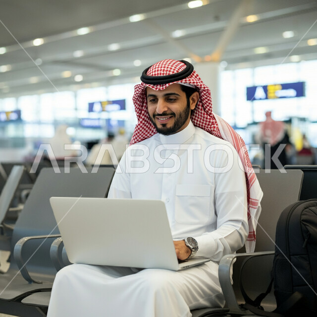 انجاز مهام الاعمال عن بعد، مفهوم الرحلات الجوية السياحية, قضاء عطلة صيفية ممتعة، الاستعداد للسفر في رحلة عمل, رجل أعمال عربي سعودي خليجي يرتدي الزي التقليدي والشماغ يجلس داخل صالة الانتظار في المطار يعمل على جهاز الحاسوب المحمول