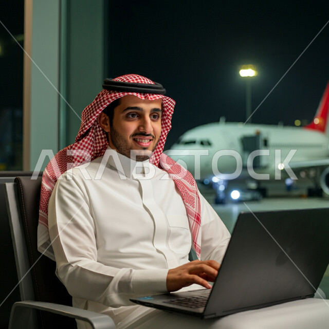 انجاز مهام الاعمال عن بعد، مفهوم الرحلات الجوية السياحية, قضاء عطلة صيفية ممتعة، الاستعداد للسفر في رحلة عمل, رجل أعمال عربي سعودي خليجي يرتدي الزي التقليدي والشماغ يجلس داخل صالة الانتظار في المطار يعمل على جهاز الحاسوب المحمول