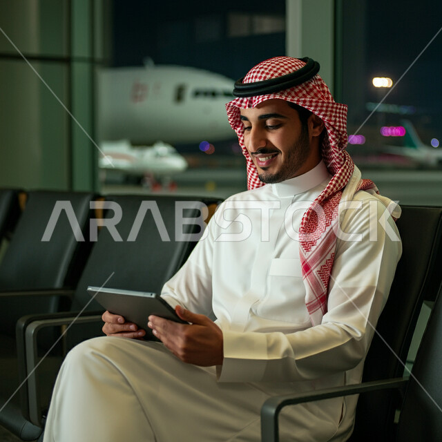 مفهوم الرحلات الجوية السياحية, قضاء عطلة صيفية ممتعة، الاستعداد للسفر في رحلة عمل, انجاز مهام الاعمال عن بعد، صورة من الجانب لرجل أعمال عربي سعودي خليجي يرتدي الزي التقليدي والشماغ يجلس داخل صالة الانتظار في المطار يعمل على جهاز التابلت